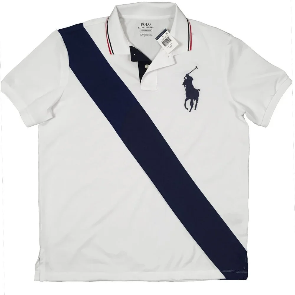 NEW Ralph Lauren Performance Polo Shirt!  XL White  Navy Sash Stripe  Wicking